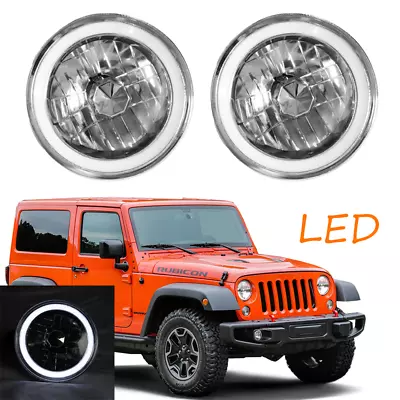 7'' Inch Round LED Angel Eyes Halo Diamond Cut Chrome Headlights Headlamps Pair • $29.89