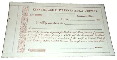 1850's KENNEBEC & PORTLAND RAILROAD LATER MAINE CENTRAL MEC UNUSED STOCK RECEIPT • $100