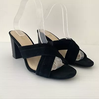 Nine West Suede Heels Size 9 M 39.5 Black Leather Slip On Cross Front Peep Toe • $39.96