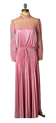 Vtg 70s Maxi Dress Victorian High Neck Puff Sleeve Pink Lace Pleated • $44.95