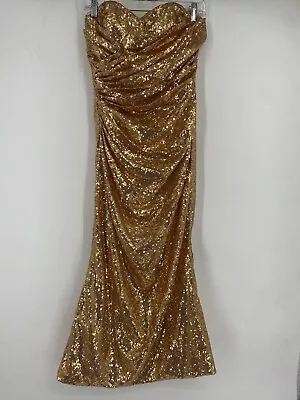 Gold Sequin Strapless Long Formal Evening Gown Mardi Gras Ball Dress Size S / M • $39.99