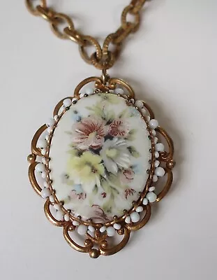 Miriam Haskell Necklace Rare Vintage Gilt Garden Floral Porcelain Pendant Signed • $85