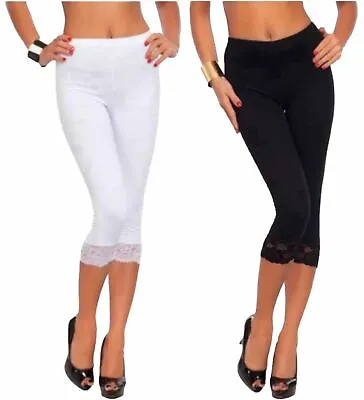 Womens Lace Trim Cropped Leggings Three Quarter 3/4 Stretch High Waisted Legging • £9.95