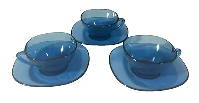 £16.14 • Buy Set Of 3 French Vereco Blue Glass Square Coffee Cups With Saucers