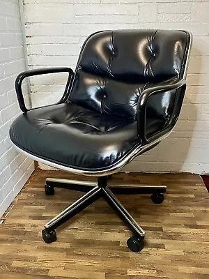 Vintage MCM Knoll Charles Pollock Executive Office Chair Black Leather Armrests • $619