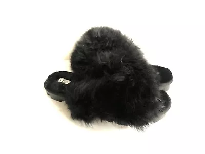 Ugg Fuzzalicious Black Fluff Mocassin Slip On Sandal Us 6 / Eu 37 / Uk 4 • $85