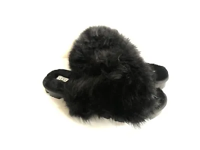 Ugg Fuzzalicious Black Fluff Mocassin Slip On Sandal Us 7 / Eu 38 / Uk 5 • $85