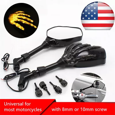 1 Pair Motorcycle Skull Hand Side Rearview Mirror Turn Signal 8mm 10mm USA Ship • $42.53