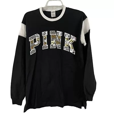 Victorias Secret PINK Bling T-Shirt XS Black Long Sleeves Sequin Logo Tunic NEW • $33.58