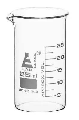 Beaker 25ml - Tall Form - White Graduations - Borosilicate Glass - Eisco Labs • $14.35