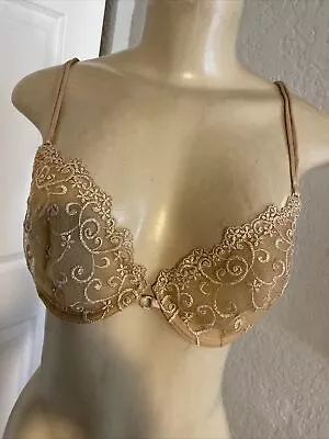 Victorias Secret  ANGELS Demi  No Padding Bra  Gold Embroided Taupe Sz 34C Pk1 • $24