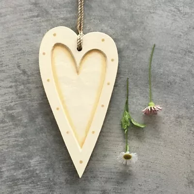 East Of India Cream Long Wooden Hanging Heart ~ Anniversary / Keepsake Gift NEW • £4.50