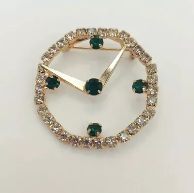 Vintage Gold Tone Green And Clear Rhinestone Clock Face Brooch Pin • $12.25