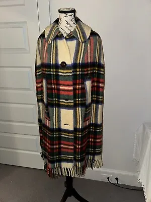 Vintage MacAuslan Of Glasgow Scotland Plaid Wool Button Front Cape Poncho Fringe • $75