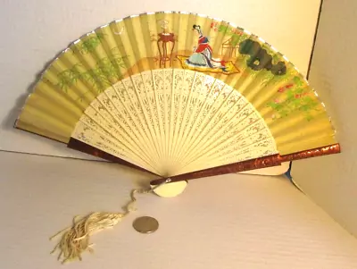 MINT Vintage 13 1/2  Asian Hand Fan Paper Woman In Garden Reflection • $18