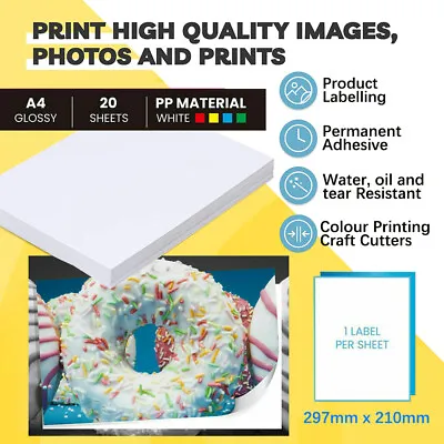 $17.50 • Buy PP Vinyl Sticker A4 Glossy Photo Paper Self Adhesive Inkjet Printers - 20 Sheets