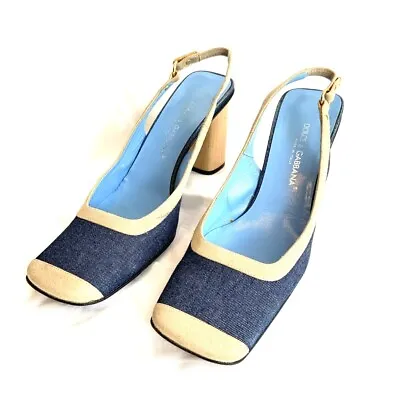 Dolce & Gabbana Shoes Slingback D&G Denim Blue Canvas Nude Square  38.5 UK 5.5 • £199.60