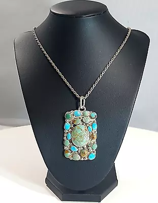 Sterling Silver Southwest Vintage Style Turquoise Stones Necklace 21 --#705 • $550