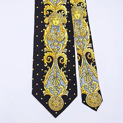 VERSACE TIE Medusa Yellow Polka Dot On Black Silk Necktie • $24.99