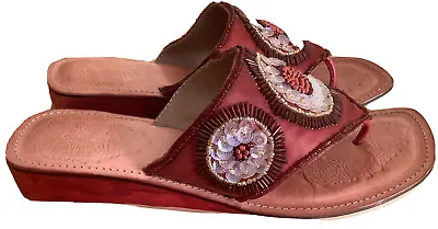 J Jill Coral Red Leather Thong Sequin Bohemian Sandals Boho Mandala Size 8 • $13.90