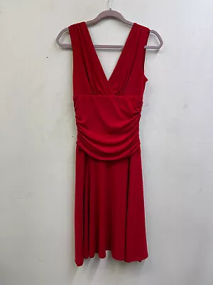 Red Dress Sz Large Sleeveless V.Neck Ruched Waist Flared Skirt • $16.99