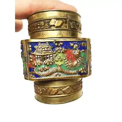 Antique Painted Brass Covered Vessel Box  3  X 2  Marked China (Dent In Top) • $39