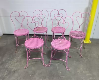 Vintage Ice Cream Parlor Heart Chairs Twisted Iron W/ Mesh Seats ~ Set Of 6 PINK • $749