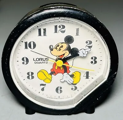 Vintage Mickey Mouse Black  Table Clock Lorus Quartz Disney Small 3.5” Working • $12.59