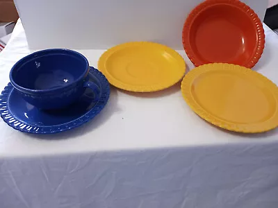 Vistosa Dishes Yellow Blue Orange Cup&sauc Sauce Dish Dessert Plate Vintage READ • $25