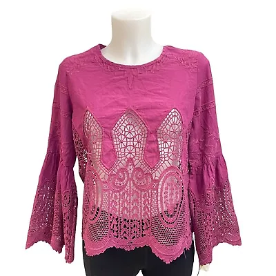 Chloe Oliver Anthropologie Mauve Embroidered / Lace Pullover Tunic Blouse Sz MP • £40.49