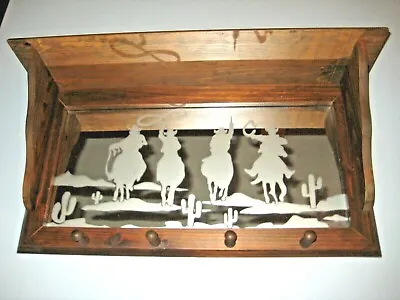 Vintage Solid Wood Mirrored Coat/Hat Rack Etched Cowboys Entry Way Hall Shelf • $59.99