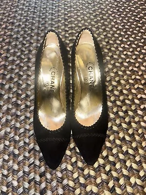 Vintage Chanel Black Suede Pumps Heels Whip Stitched 38 1/2 • $120