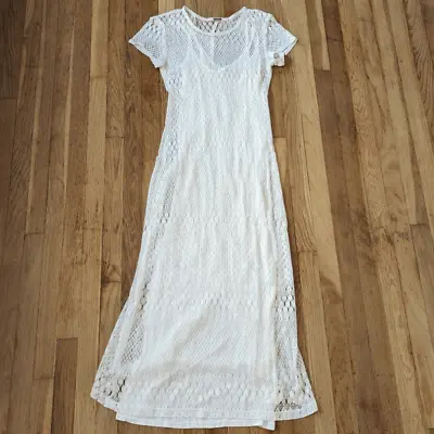 Vintage White Lace Crochet Short Sleeve Maxi Dress With Slip • $162