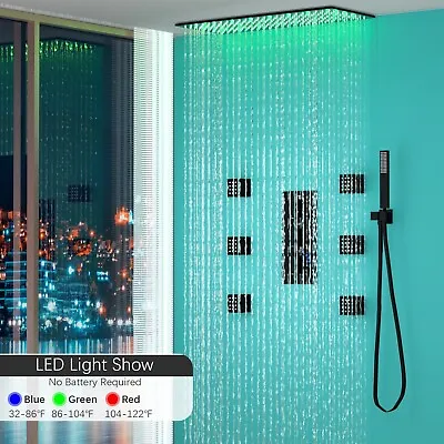 Thermostatic Shower Faucet Set 24inch LED Rain Shower Head Massage System Black • $299