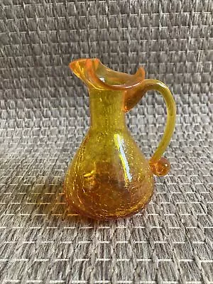 Vintage Small Orange Crackle Hand Blown Glass Handled Jug Vase 4-1/2” Tall • $9.50