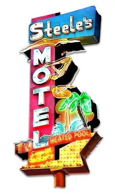 17  Steeles Motel Neon Style In Steel USA Metal Sign Colorful No Vacancy TV Pool • $53.95