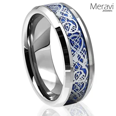 Silver Celtic Dragon Tungsten Mens Ring Blue Carbon Fiber 6mm Or 8mm Band [NEW] • $24.95