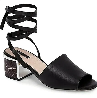 Topshop Neeve Womens UK 3 To 6 Black Leather Caged Peep Toe Block Heel Sandals • £21