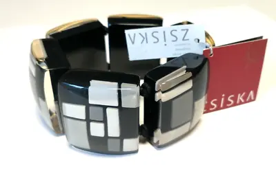 NWT ZSISKA Homage Mondrian Geometric 6 Square Resin Beads Elastic Bracelet Black • $37.77