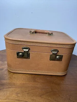 Vintage Brown Leather Look Train Makeup Case Tray Keys Locking Mirror Suitcase • $45