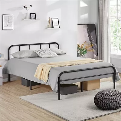 5ft King Metal-Framed Bed With High Headboard Strong Iron Platform Bed Black • £74.99