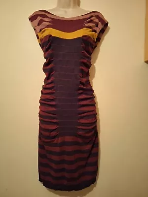 TED BAKER Striped Mustard Yellow Brick Red Stretch Jumper Dress UK 10 EU 38 US 6 • £21.95