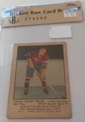 1951 PARKHURST #4 MAURICE RICHARD ROOKIE CARD Beckett 1.5  HALL OF FAME • $2300