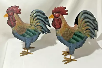 Metal Rooster Yard Art Decor Multi Color Statue Garden Sculpture Chickens - Pair • $59.95