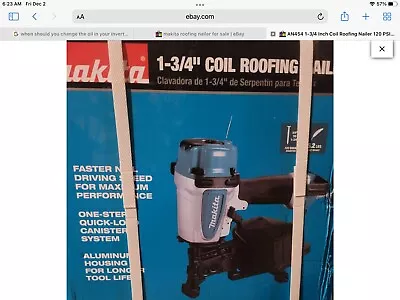 Makita AN454 1-3/4-Inch 120-Psi Adjustable Pneumatic Roofing Coil Nailer • $199