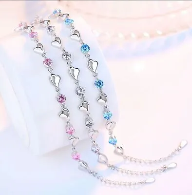 925 Sterling Silver Crystal Stone Heart Linked Charm Bracelet Women Jewellery UK • £3.79