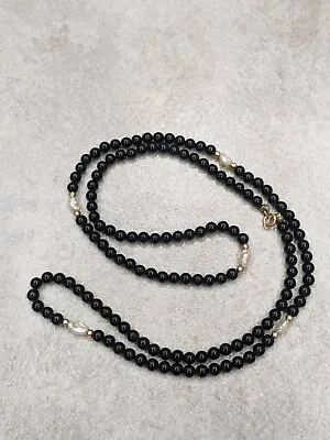 $74.95 • Buy Vintage 24  Necklace 14K Plumb Gold Beads Black Onyx Beads & Freshwater Pearls !