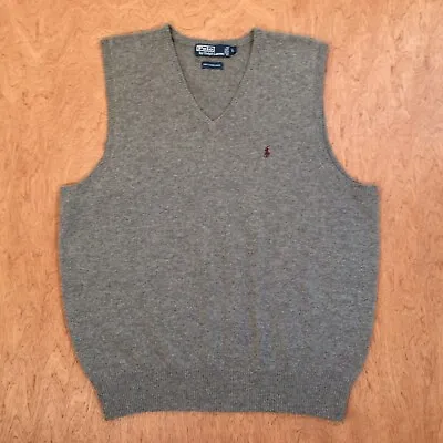 Polo Ralph Lauren Sweater Vest Mens LARGE 100% Lambswool GRAY V-NECK LOGO PREPPY • $24.44