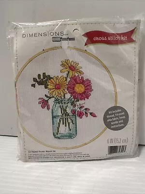 DIMENSIONS Counted Cross Stitch Kit Flower Mason Jar 6  Inch Round [72-75344] • $7