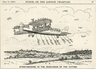 Vintage 1928 Punch Cartoon - Silly Early Aviation Humor - Strap-hanging Airplane • $9.95